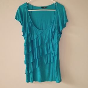 Nicole Miller NY Short Sleeve T-Shirt Ruffles Flowy Scoop Neck Aqua Blue Large